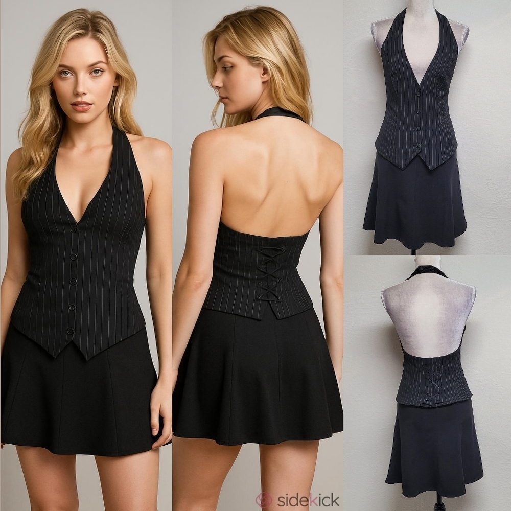 The Limited Rare Vintage Black Pinstripe Backless Halter Vest Flared Mini Skirt